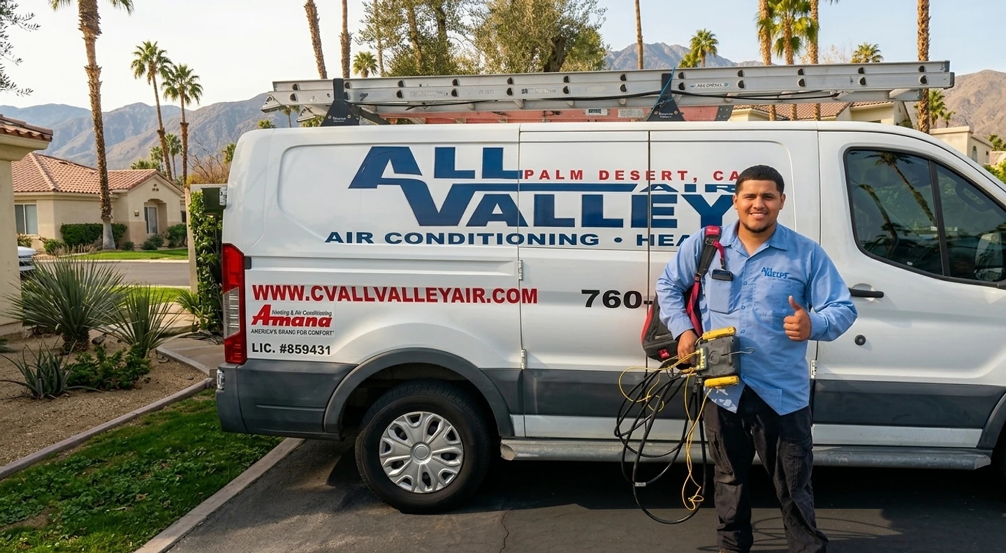All Valley Air technician standing beside a service van in Palm Desert