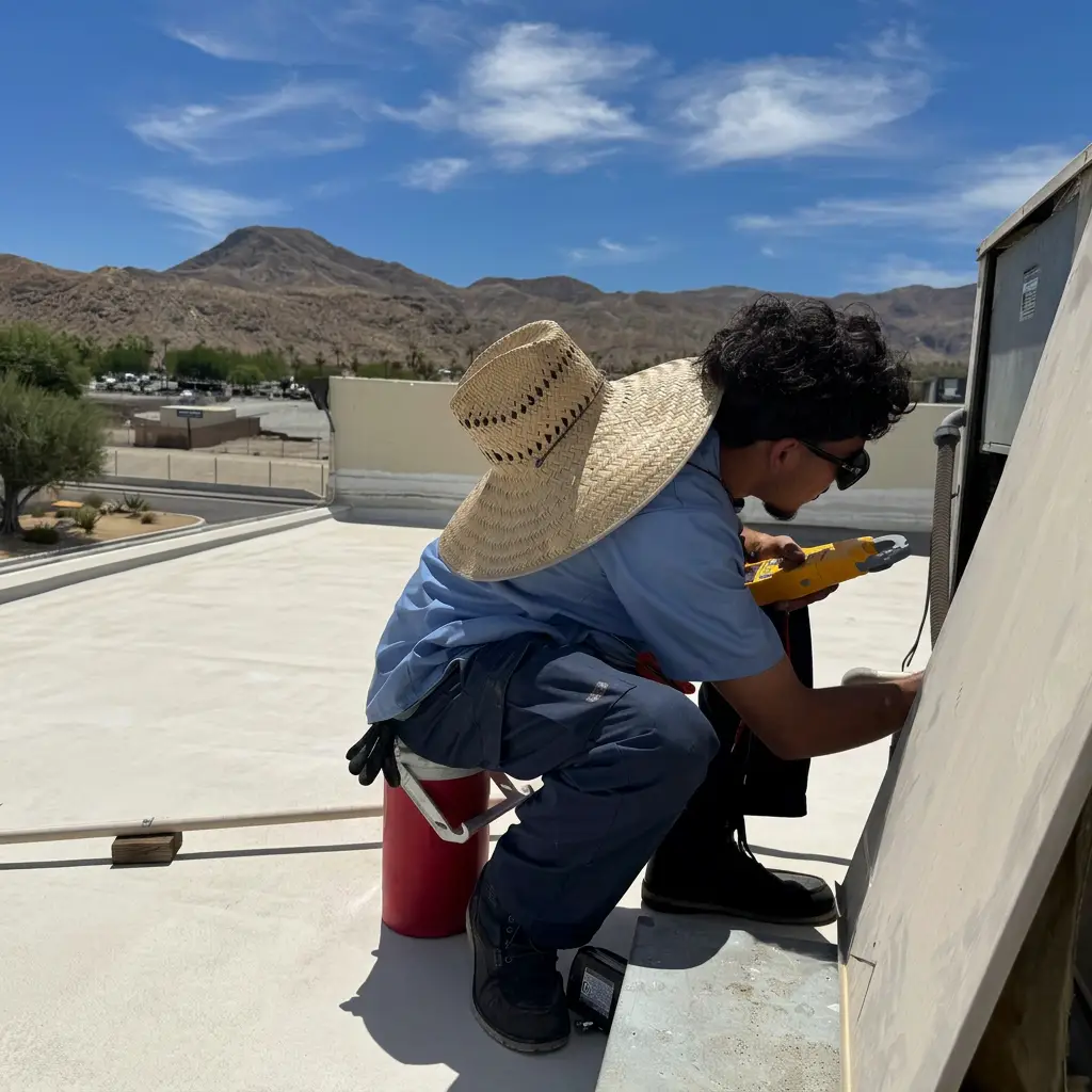 All Valley Air HVAC maintenance technician cleaning an outdoor unit